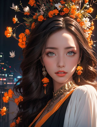 a colorful digital artwork of a woman's head and branches, in the style of mythic theme, graceful surrealism, depictions of urban life, dark sky-blue and orange, portraitures with hidden meanings, caricature-like illustrations, metropolis meets nature ,midjourney, double exposure,