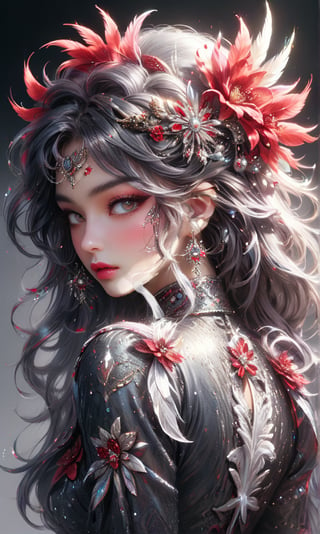 Create a highly detailed and realistic digital painting of a woman with an elaborate and intricate headdress. sparkle eyes, The headdress should be adorned with metallic elements, feathers, and vibrant red flowers. The woman should have long, flowing black hair and wear a matching ornate armor-like outfit. Her expression should be serene and regal, with subtle makeup emphasizing her eyes and lips. The overall style should be a blend of fantasy and steampunk, with a focus on fine details and textures.