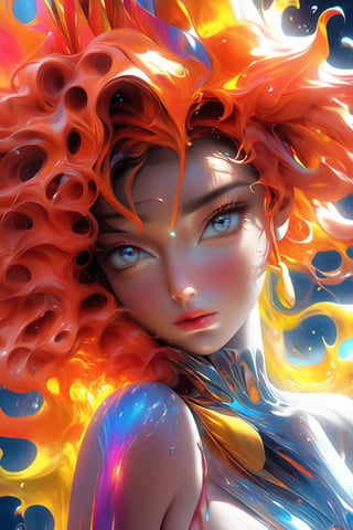 ultra detailed artistic abstract photography of liquid lust, detailed captivating eyes on molten statue, asymmetrical, gooey liquid hair, color exploding lips, highly refractive skin, Digital painting, colorful, volumetric lighting, 8k, by Cyril Rolando, by artgerm, Trending on Artstation, 16k resolution, 300 dpi, 600 dpi, 4k, Contest winner, High definition, detailed, realistic, 8k uhd, high quality,  subsurface scattering, translucent skin, glow, bloom, Bioluminescent liquid, vibrant,Leonardo Style,dripping paint