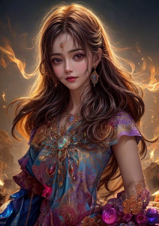 close up portrait of a goddess wearing a fashion couture dress embroidered with multicolored lace and precious luminous stones, long blowing wavy messy hair, night light city landscape, (masterpiece, top quality, best quality, official art, beautiful and aesthetic:1.2), extreme detailed, colorful, highest detailed ,4K, best quality, smiling, optical mixing, playful patterns, lively texture, rich colors, unique visual effect, (masterpiece, top quality, official art), (light painting), (long exposure:1.2), dynamic streaks, extreme detailed, black paintings, candid moments captured, slumped, draped, 