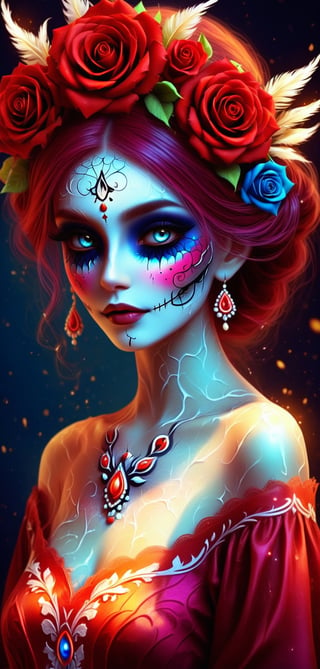 Beautifull Catrina, Wearing Traditional Ornate Catrina Dress:: Catrina Roses Crown:: dia de los muertos make up, Real Face:: Real Eyes:: Blowing Messy Hair:: Fountain Landscape:: Intrincate Colored Catrina Profesional Makeup:: Range Color Spectrum:: Seductive Eyes:: Sensual Photoshoot:: Mistycism, Modern Style, Hyper Realistic, Real Eyes, Real Beautiful Face, Perfect Face, The artwork should have photo-realistic, highly detailed symmetric beautiful eyes, highly detailed gorgeous sweet face, dynamic pose, ethereal, mystical, The artwork should be centered, stylized, and elaborate, ultra-realistic, Elegant, Delicate, extremely detailed natural texture, hyper realistic lifelike texture, 32k trendy, dreamy, backlit, glamour, glimmer, shadows, brush strokes, ultra high definition, 8k, ultra sharp focus, art intricate artwork masterpiece, golden ratio, trending on cgsociety