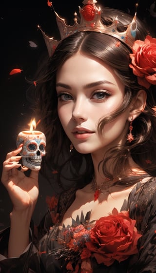 a Beautiful Catrina woman with flowy flowe-like hair,  work of beauty and complexity,  wearing crown made of roses,  intrincate sugar skull make up,  holding a candel,  hyperdetailed facial features,  8k UHD,  close-up,  alberto seveso style