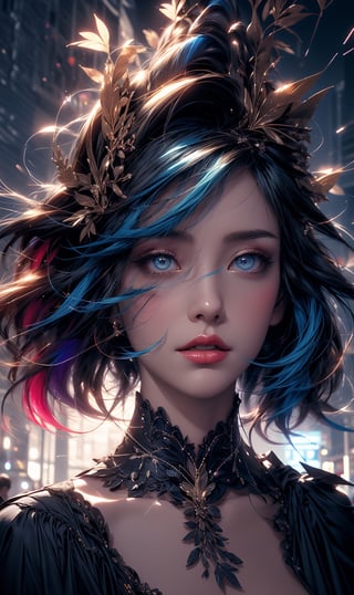 a colorful digital artwork of a woman, tree's branches and leaves, in the style of mythic theme, graceful surrealism, depictions of urban life, (dark sky-blue and rainbow), portraitures with hidden meanings, caricature-like illustrations, metropolis meets nature ,midjourney, double exposure,1 girl