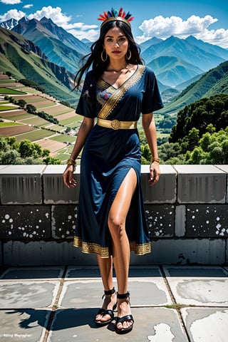 masterpiece, ultra high res, absurdres, fullbody dark-skinned inca princess, (multicolor feather headress),  dressed in (one-piece winter dress with a ethnic  pattern:1.2), dress without neckline and short sleeves. She has medium-length, long black hair. She also wears big round earrings and gold bangles, sandals, gold jewelry sun representation, looking at viewer,dynamic pose, dutch angle, andean mountains background