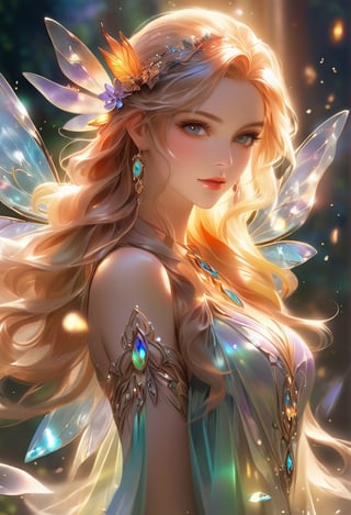 (beautiful fairy portrait), (iridescent wings) (masterpiece, best quality, ultra-detailed, best shadow), (detailed background, high fantasy), (beautiful detailed face), high contrast, (best illumination, an extremely delicate and beautiful), (fantasy dress), ((cinematic light)), colorful, hyper detail, dramatic light, intricate details, (blowing hair, sharp face, amber eyes, hair between eyes, dynamic angle), blood splatter, swirling light around the character, depth of field, light particles,(broken glass),magic circle, (full body), Spirit fantasy Pendant, Beautiful Eyes,niji-5