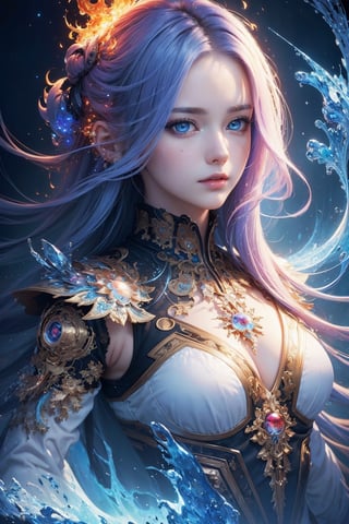 (masterpiece, top quality, best quality, official art, beautiful and aesthetic:1.2), (1girl), extreme detailed,(abstract, fractal art:1.3),colorful hair,highest detailed, detailed_eyes, fire, water, ice, lightning, light_particles, ghost,