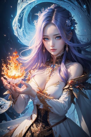 (masterpiece, top quality, best quality, official art, beautiful and aesthetic:1.2), (1girl), extreme detailed,(abstract, fractal art:1.3),colorful hair,highest detailed, detailed_eyes, fire, water, ice, lightning, light_particles, ghost,