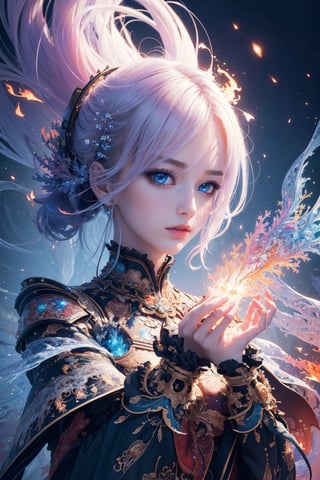 (masterpiece, top quality, best quality, official art, beautiful and aesthetic:1.2), (1girl), extreme detailed,(abstract, fractal art:1.3),colorful hair,highest detailed, detailed_eyes, fire, water, ice, lightning, light_particles, ghost,