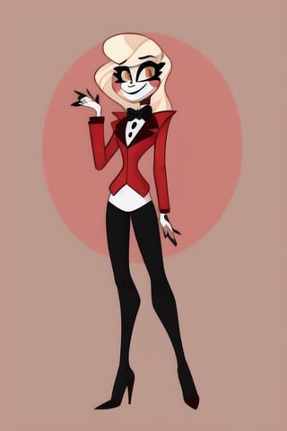 charlie morningstar, masterpiece, best quality, ((High detailed)), perfect body, ((very skinny, thin)), girl, ((white plain background)), full body, ((very tall, long legs)), narrow waist, white skin, blonde hair, demon, yellow eyes, red pupils, (red circles on the cheeks), thick makeup, long arms, red jacket, burgundy pants, sharp black and white heels, bow tie, (white shirt under the jacket), (a dot as a nose), black nails, long sleeves, smiling, cheerful, bangs, tied up hair, long hair