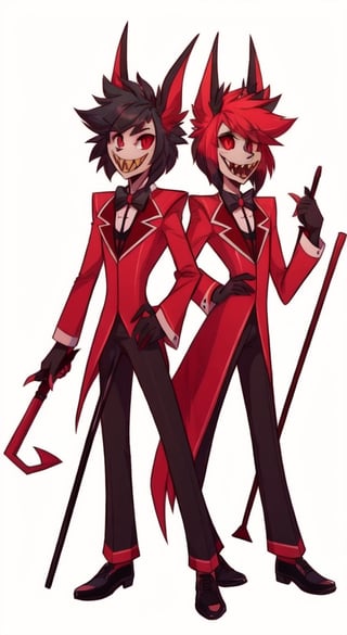 ((masterpiece, best quality)), 1boy, alastor, full body, simple background, demon, red suit, striped, cane, tall, black pants, bow tie, smile, sharp teeth, red eyes, long clothes, multicolored hair, red-black hair, red hair, short hair,alastor