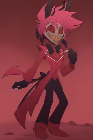 solo, smile, red eyes, gloves, 1boy, bow, holding, standing, pink hair, male focus, teeth, black gloves, pants, bowtie, grin, mask, black pants, sharp teeth, humanization, alastor