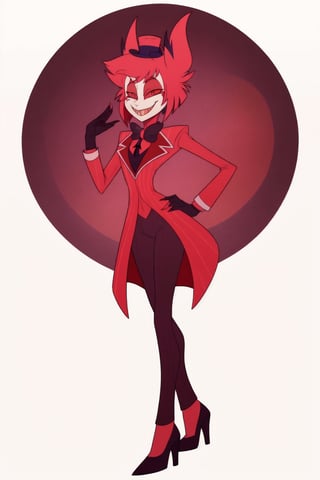 ((masterpiece, best quality)), 1boy, lucifer, full suit, cheeks, smile, thin, high heels, gloves, top hat, full body