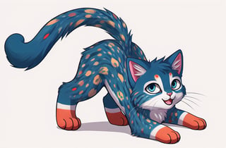 masterpiece, best quality, high detailed, furry, animal, ordinary animal, on all fours, kitten, sweet kitten, energetic pose, perfect proportions, ordinary cat, white background, gray fur, colorful spots on the fur, stand front, full body,