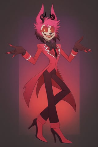 ((masterpiece, best quality)), 1boy, lucifer, full suit, cheeks, smile, thin, high heels, gloves, top hat, full body