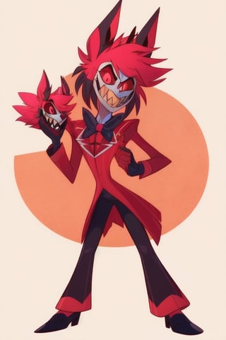 solo, smile, red eyes, gloves, 1boy, bow, holding, standing, pink hair, male focus, teeth, black gloves, pants, bowtie, grin, mask, black pants, sharp teeth, humanization, alastor,alastor