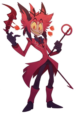 ((masterpiece, best quality)), 1boy, alastor, full suit, light skin, smile, thin, high boots, gloves, full body, cane, full body standing