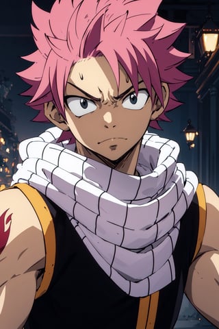 masterpiece, best quality, high quality, 1boy, solo, male focus, upper_body, 1boy, black eyes, pink hair, matte skin, short hair, messy hair, muscle, Natsu Dragneel,natsu_dragneel,pink hair