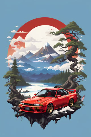 "Creating a cool phone wallpaper: A Nissan Silvia s 13 embarking on an epic adventure, A japanese rising red white sun , a lake, a forest, and a mountainous terrain, The sky adorned with a flying dragon, Vector art style, Inspired by the game Skyrim's fantasy world."
