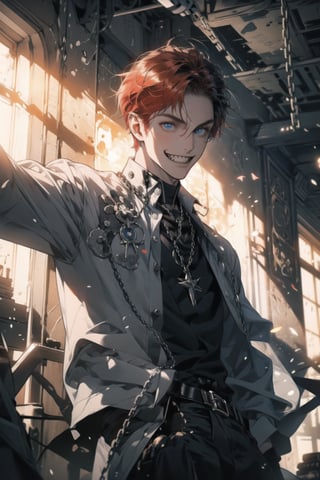 One boy(adult male), red hair, blue crazy eyes, crazy smile(sharp teeth:1.2), masterpieces (masterpiece :1.1), best quality, high quality, chlotes( black chlotes (chlotes :1.2), chains), background (prison, little light from top, chains on the wall, sing where write (dangerous) high sun)