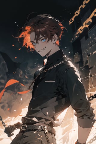 One boy(adult male), red hair, blue crazy eyes, crazy smile(sharp teeth:1.2), masterpieces (masterpiece :1.1), best quality, high quality, chlotes( black chlotes (chlotes :1.2), chains), background (prison, little light from top, chains on the wall, sing where write (dangerous) high sun)