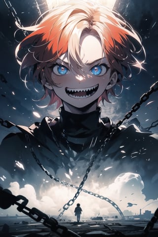 One boy(adult male), red hair, blue crazy eyes, crazy smile(sharp teeth:1.2), masterpieces (masterpiece :1.1), best quality, high quality, chlotes( black chlotes (chlotes :1.2), chains), background (prison, little light from top, chains on the wall, sing where write (dangerous) high sun)