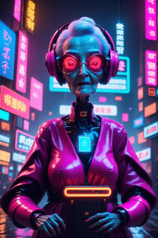 Neon noir grandma semi robot taking selfie,looking at viewer, . Cyberpunk, dark, rainy streets, neon signs, high contrast, low light, vibrant, highly detailed