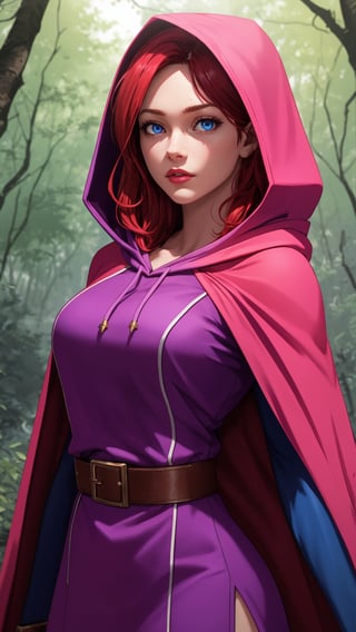 UHD 8K scene, hyper realistic photographic quality, beautiful young girl, red hair, bright blue eyes, 
thief outfit short pink dress, purple hooded cape from Dungeons and Dragons, in the middle of a forest