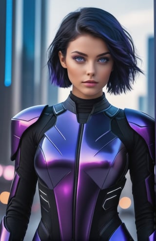 UHD 8K realistic photo scene, beautiful young girl, medium height, pretty face, short dark blue hair, violet eyes, black bodysuit, futuristic armor, posing with a futuristic motorcycle with the city in the background