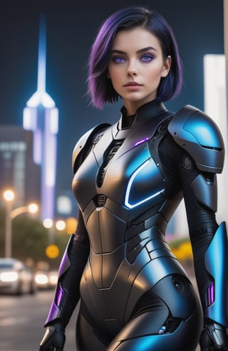 UHD 8K realistic photo scene, beautiful young girl, medium height, pretty face, short dark blue hair, violet eyes, robotic body, black bodysuit, futuristic armor, posing with a futuristic motorcycle with the city in the background