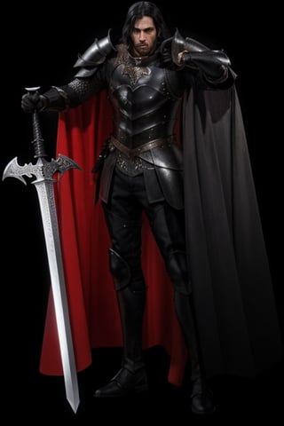 8K UHD photorealistic image, tall strong man, long black hair, black eyes, black full armor, black arm and leg armor, black large armor shoulder pads, black large armor collar, long black cape black color, large claymor sword