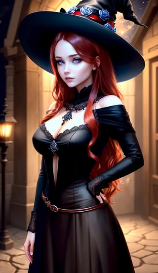 Photorealistic image ((masterpiece)), ((high quality)), intricate, elegant, Highly detailed, majestic, Digital photography, (Masterpiece, Side lighting, beautiful finely detailed eyes: 1.2) UHD 8K, of a beautiful, slim woman and hyperrealistic, (necromancer witch), (medium chest), (thin waist), (long wavy red hair), (blue eyes), ((black dress, witch hat, dark magic))), HDR, (Detailed background yard at night) on halloween