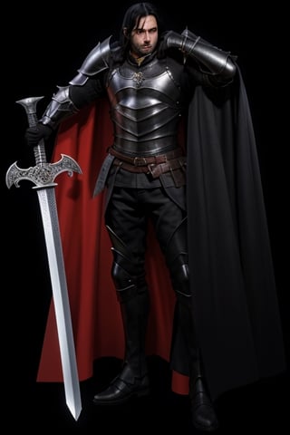 8K UHD photorealistic image, tall strong man, long black hair, black eyes, black full armor, black arm and leg armor, black large armor shoulder pads, black large armor collar, long black cape black color, large claymor sword