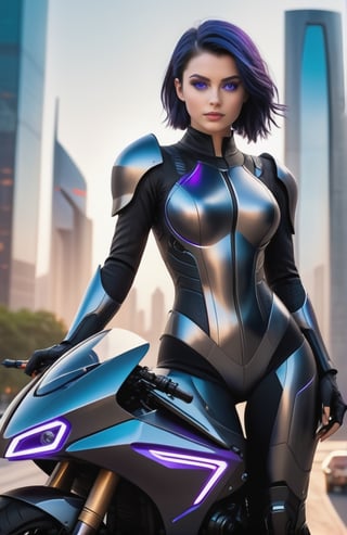 UHD 8K realistic photo scene, beautiful young girl, medium height, pretty face, short dark blue hair, violet eyes, black bodysuit, futuristic armor, posing with a futuristic motorcycle with the city in the background