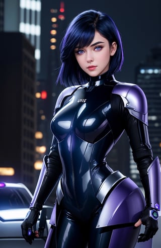 UHD 8K realistic photo scene, beautiful young girl, medium height, pretty face, short dark blue hair, violet eyes, robotic body, black bodysuit, futuristic armor, posing with a futuristic motorcycle with the city in the background