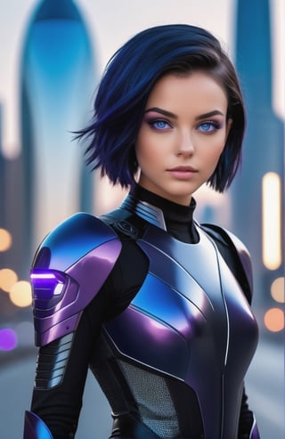 UHD 8K realistic photo scene, beautiful young girl, medium height, pretty face, short dark blue hair, violet eyes, black bodysuit, futuristic armor, posing with a futuristic motorcycle with the city in the background