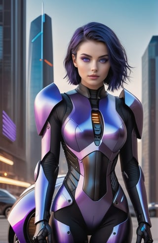 UHD 8K realistic photo scene, beautiful young girl, medium height, pretty face, short dark blue hair, violet eyes, robotic body, black bodysuit, futuristic armor, posing with a futuristic motorcycle with the city in the background