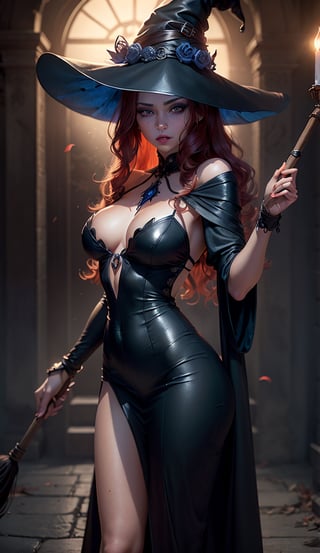 photorealistic,realistic illustration ((masterpiece)),((ultra quality)),((ultra detailed)),((1 young woman)), Perfect anatomy, perfect hands, beautiful body, exceptionally Beauty Waifu Princesse witch, a wand witch in one hand and a broom in the other hand, ((witch clothing long black dress, black witch hat)), long wavy red hair, bright deep red lipstick, ((perfect detailed blue eyes)) , moonlit night,foggy,((Extremely CG Unit 8K Wallpaper)),((cinematic lighting,Best quality lights)),Intricate details,Smooth,Sharp focus,extremely beautiful and aesthetic,Rendering Octane, full-length portrait, white skin, ((Perfect detailed body)), Halloween