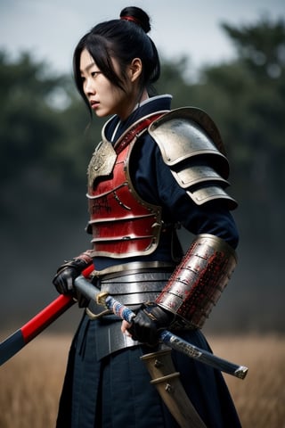 UHD 8K scene, hyper realistic photographic quality, war scene, samurai woman warrior, complete sumurai armor with blue and red color, fighting with a sumurai sword in her hands.