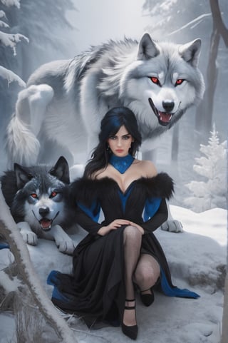 UHD 8K photo realistic image, beautiful young woman, blue-black hair, blue eyes, in a crouching position, wearing a black strapless dress, behind her a giant wolf with white fur and fiery red eyes