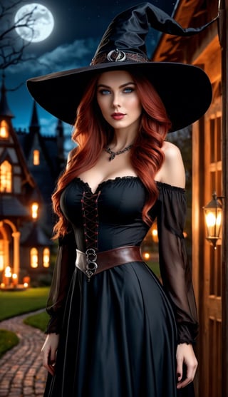 Photorealistic image ((masterpiece)), ((high quality)), intricate, elegant, Highly detailed, majestic, Digital photography, (Masterpiece, Side lighting, beautiful finely detailed eyes: 1.2) UHD 8K, of a beautiful, slim woman and hyperrealistic, (necromancer witch), (medium chest), (thin waist), (long wavy red hair), (blue eyes), ((black dress, witch hat, dark magic))), HDR, (Detailed background yard at night) on halloween