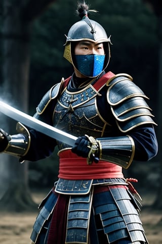 UHD 8K scene, hyper realistic photographic quality, war scene, samurai warrior, complete sumurai armor with blue and red color, fighting with a sumurai sword in his hands.