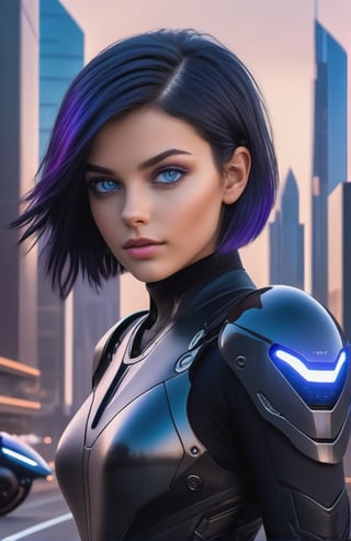 UHD 8K realistic photo scene, beautiful young girl, medium height, pretty face, short dark blue hair, violet eyes, black bodysuit, futuristic armor, posing with a futuristic motorcycle with the city in the background