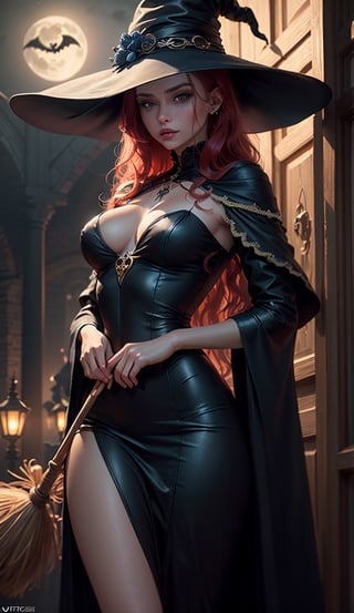 photorealistic,realistic illustration ((masterpiece)),((ultra quality)),((ultra detailed)),((1 young woman)), Perfect anatomy, perfect hands, beautiful body, exceptionally Beauty Waifu Princesse witch, a wand witch in one hand and a broom in the other hand, ((witch clothing long black dress, black witch hat)), long wavy red hair, bright deep red lipstick, ((perfect detailed blue eyes)) , moonlit night,foggy,((Extremely CG Unit 8K Wallpaper)),((cinematic lighting,Best quality lights)),Intricate details,Smooth,Sharp focus,extremely beautiful and aesthetic,Rendering Octane, full-length portrait, white skin, ((Perfect detailed body)), Halloween