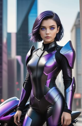 UHD 8K realistic photo scene, beautiful young girl, medium height, pretty face, short dark blue hair, violet eyes, black bodysuit, futuristic armor, posing with a futuristic motorcycle with the city in the background