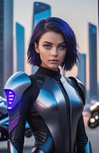 UHD 8K realistic photo scene, beautiful young girl, medium height, pretty face, short dark blue hair, violet eyes, black bodysuit, futuristic armor, posing with a futuristic motorcycle with the city in the background