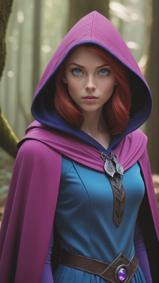 UHD 8K scene, hyper realistic photographic quality, beautiful young girl, red hair, bright blue eyes, 
thief outfit short pink dress, purple hooded cape from Dungeons and Dragons, in the middle of a forest