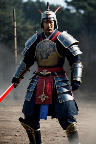 UHD 8K scene, hyper realistic photographic quality, war scene, samurai warrior, complete sumurai armor with blue and red color, fighting with a sumurai sword in his hands.