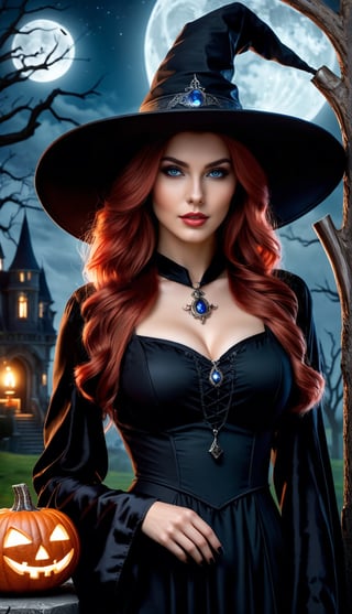 Photorealistic image ((masterpiece)), ((high quality)), intricate, elegant, Highly detailed, majestic, Digital photography, (Masterpiece, Side lighting, beautiful finely detailed eyes: 1.2) UHD 8K, of a beautiful, slim woman and hyperrealistic, (necromancer witch), (medium chest), (thin waist), (long wavy red hair), (blue eyes), ((black dress, witch hat, dark magic))), HDR, (Detailed background yard at night) on halloween