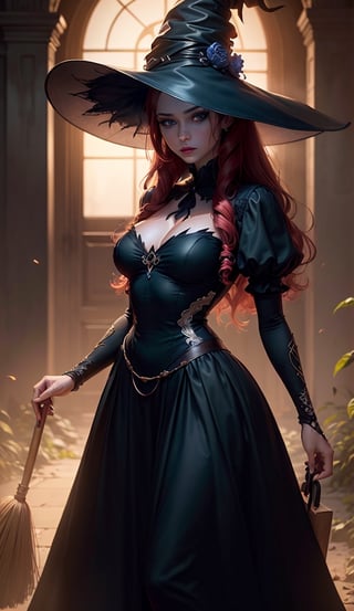 photorealistic,realistic illustration ((masterpiece)),((ultra quality)),((ultra detailed)),((1 young woman)), Perfect anatomy, perfect hands, beautiful body, exceptionally Beauty Waifu Princesse witch, a wand witch in one hand and a broom in the other hand, ((witch clothing long black dress, black witch hat)), long wavy red hair, bright deep red lipstick, ((perfect detailed blue eyes)) , moonlit night,foggy,((Extremely CG Unit 8K Wallpaper)),((cinematic lighting,Best quality lights)),Intricate details,Smooth,Sharp focus,extremely beautiful and aesthetic,Rendering Octane, full-length portrait, white skin, ((Perfect detailed body)), Halloween