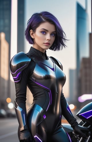 UHD 8K realistic photo scene, beautiful young girl, medium height, pretty face, short dark blue hair, violet eyes, black bodysuit, futuristic armor, posing with a futuristic motorcycle with the city in the background